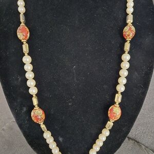 Pearl and Red Bead Necklace